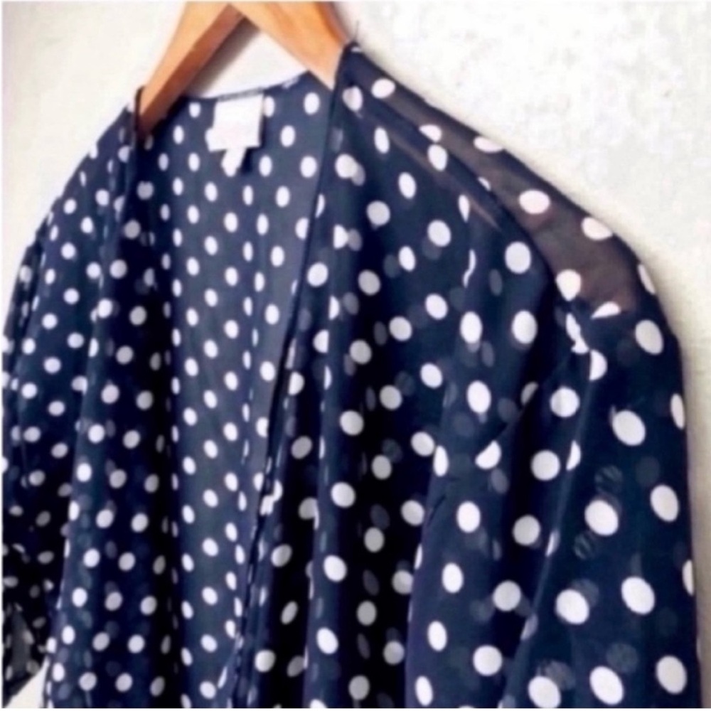 LuLaRoe Monroe Kimono/Coverup Navy Blue White Polka Dot Fringe